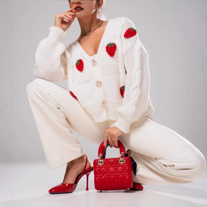 Womens Oversized V-Neck Knit Cardigan With 3D Strawberry Print Loose Fit Casual Sweater Jacket Acrylic Blend 2025