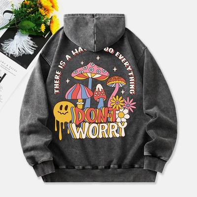 Pilze Gewaschener Hoodie Damen Keine Sorge Bedruckte Baumwollkleidung Lange Ärmel Tasche Übergroß Winter Damen