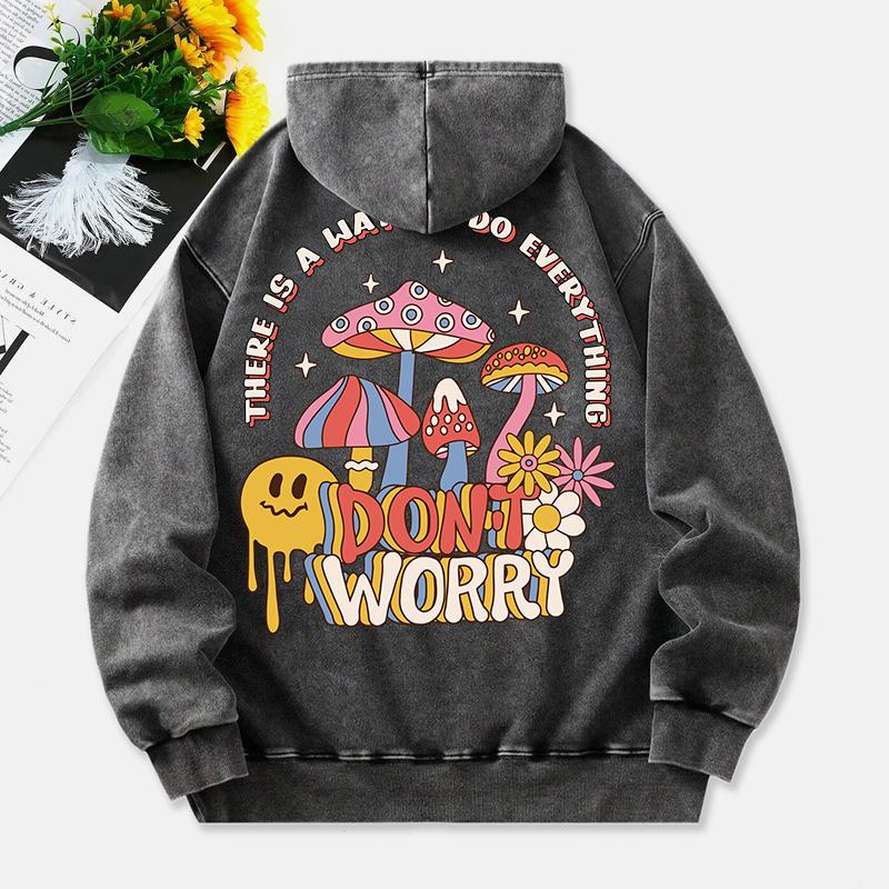 Mushrooms Washed Hoodie Womens Don'T Worry Printed Cotton Clothes Long Sleeves Pocket Oversize Winter Womans