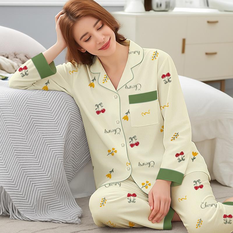 Baumwollimitat Pyjama Damen Frühling und Herbst Damen Mutter Herbst Übergröße Loungewear Langarm Hosen Set