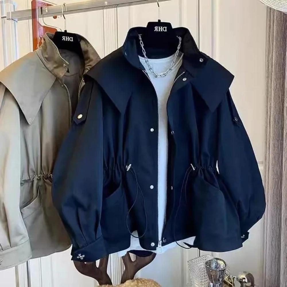 Spring Autumn Oversized Casual Waterproof Khaki Windbreaker Women Long Sleeve Hood Drawstring Zipper Jacket