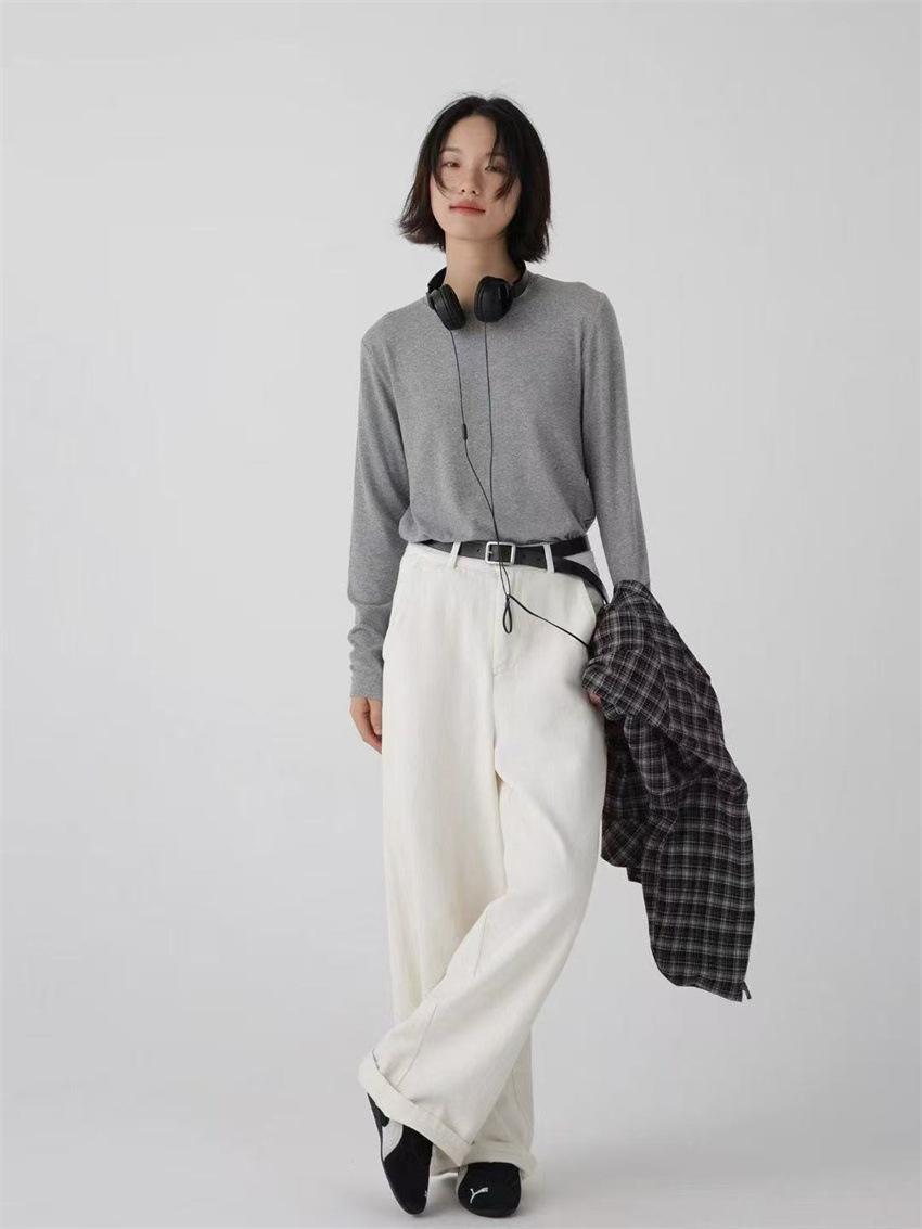 

Johnature Basic Solid Color Round Neck Long Sleeve T-shirt For Women Versatile Autumn Winter Render Pullove Casual Tops L светло-серый