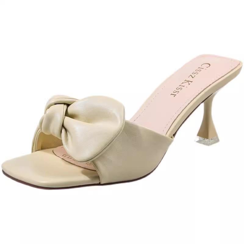 Real Soft Leather Fashionable Retro Sandals Women's Summer New Bow High Heels Stiletto Outer Wear Word with Cool Slippers