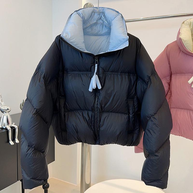 High-end White Duck Down Contrasting Color Bread Clothes Women's Winter New Puff Feeling Thickened Loose Couple Fashion Coat Tide