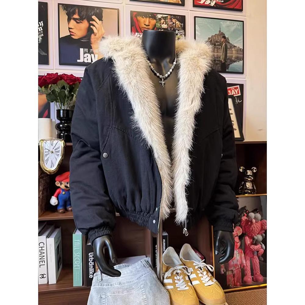 

Men s American Retro Winter Snow Eagle Cotton Jacket with Fur Collar Hood Small чорний