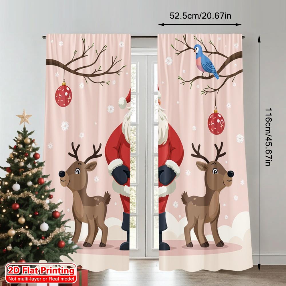 2pcs 2D Flat Printing Christmas Window Drapes Santa Claus Reindeer Christmas Celebration Polyester Without Electricity Party