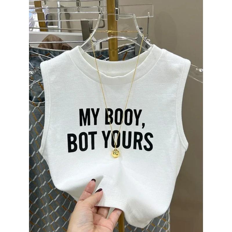 Summer Vintage White Crop Women Print Letter Punk Sexy Tank Korean Streetwear Cropped Sleeveless