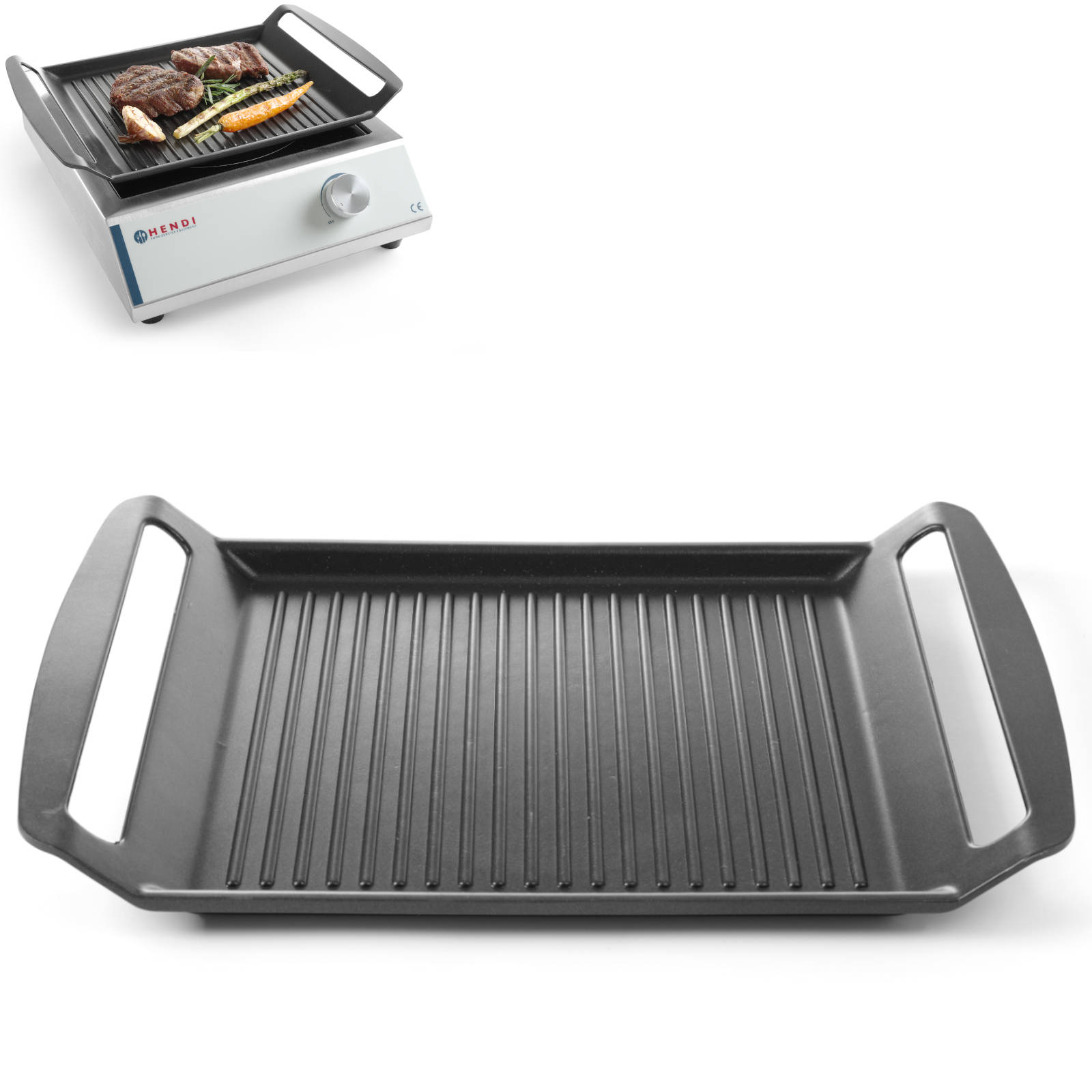 Grillplatte, gerillt, für Induktionskochfelder, TEFLON, 39x26cm, HENDI 629130