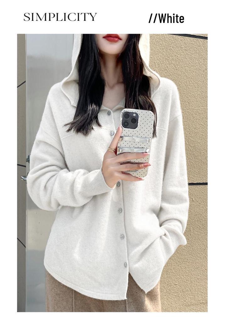 Pure Wool Women's Autumn/Winter 2024 Round Neck Hooded Button-Up Knit Cardigan Sweater Coat