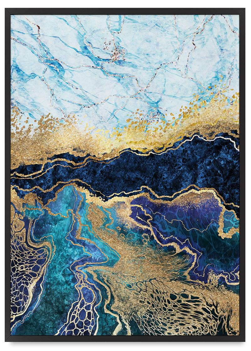 

Постер абстракція золота блакитна в чорній рамі 21x30 cm