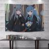 Kawaii Anime Girl Peeking Tapestry  Light Blue Wall Hanging with Cute Chibi Cat Ideal for Pastel Otaku Bedroom Decor