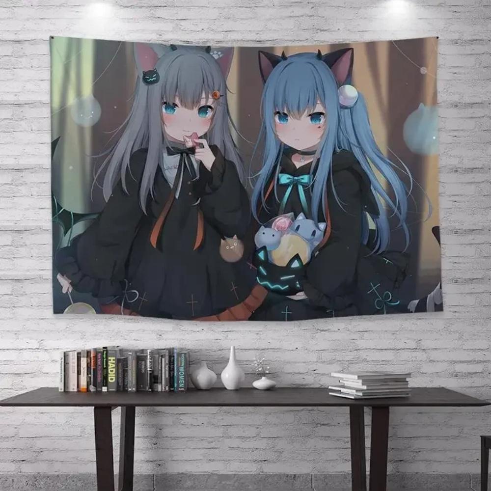 Kawaii Anime Girl Peeking Tapestry Light Blue Wall Hanging with Cute Chibi Cat Ideal for Pastel Otaku Bedroom Decor