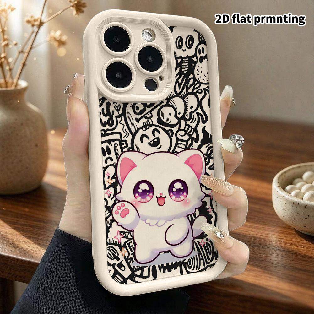 Phone Case: 2D Flat Design for iPhone 13/14/15/16/17/18 Pro, Stepped Protective Case, Waving Little White Cat, Christmas and Halloween Gift