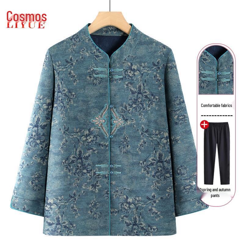 Grandma's Stand-Up Collar Long Sleeve Blouse - Spring & Fall Style for Middle-Aged Women