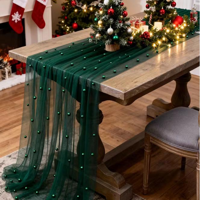 Pearl Chiffon Table Runner 3m Semi Transparent Gauze Mesh Table Cloth Fabric for Wedding Bridal Shower Party Dining Decoration