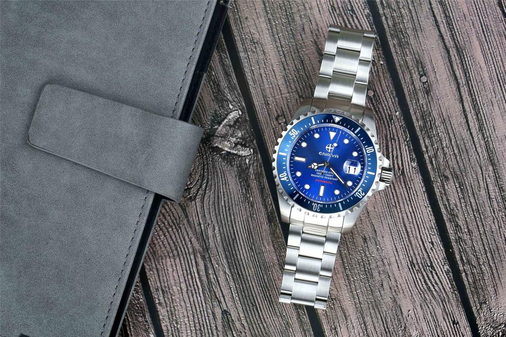 ENRIVA Watch Automatic Watch Automatic Date Display Blue Diver's 100ATM,