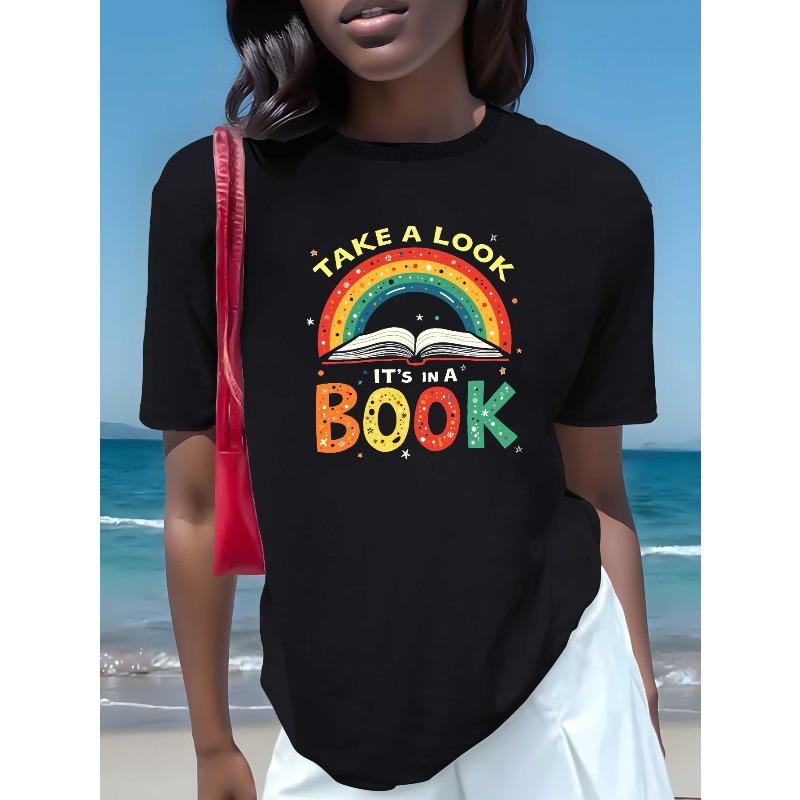 European Sizes Women's Graphic T-Shirt - Book-Themed Design with BOOK Lettering & Open Book Print - Casual Comfort Fit Short Sleeve Blouse