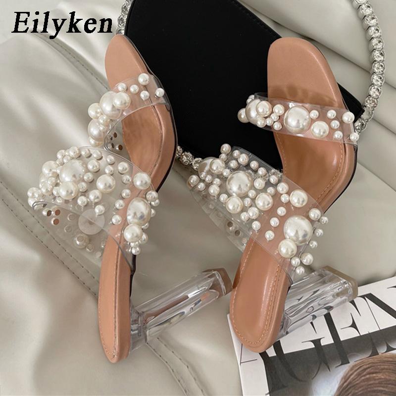 Fashion Eilyken New Transparent PVC String Bead Shoes Woman Fashion Open Toe Slippers Crystal Perspex Heels Slides Beach Femme Sandale