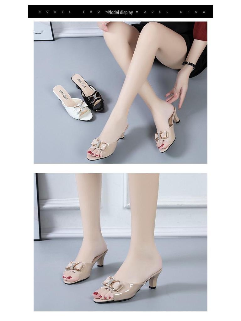 2022 Summer Mid-Heel Peep-Toe Bow Strap Stiletto Slippers for Women - Plus Size Available