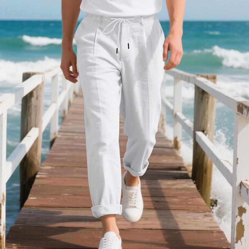 Men's Relaxed Fit Casual Straight-Leg Linen Naples-Style Breathable Trousers