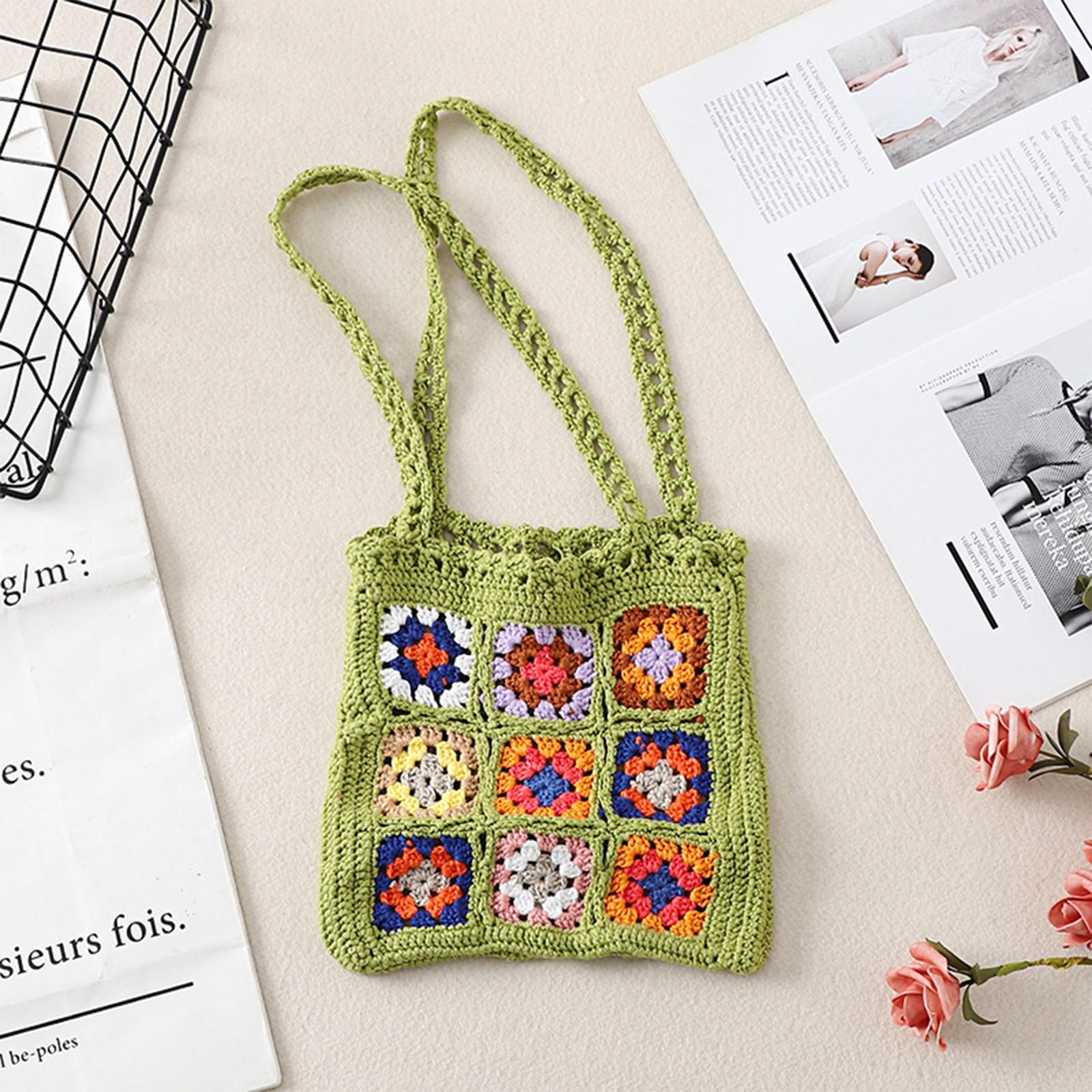 

Handmade Crocheted Wool Handheld Wristlet Bag Casual Outing Travel Retro Hollow Bag One Size зелений