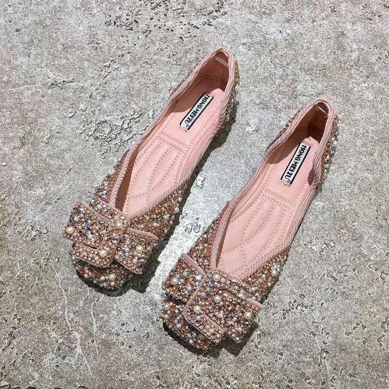 

Spring new pearl rhinestone shallow mouth square head single shoes flat temperament Doudou shoes tide 40 розовый