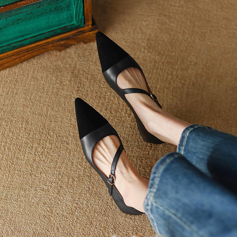 Vår Nye Ekte Skinn Damesko Retro Spiss Tå Pumps Skinn Ballerinas Sko Dame Hæler Dame Flatsko