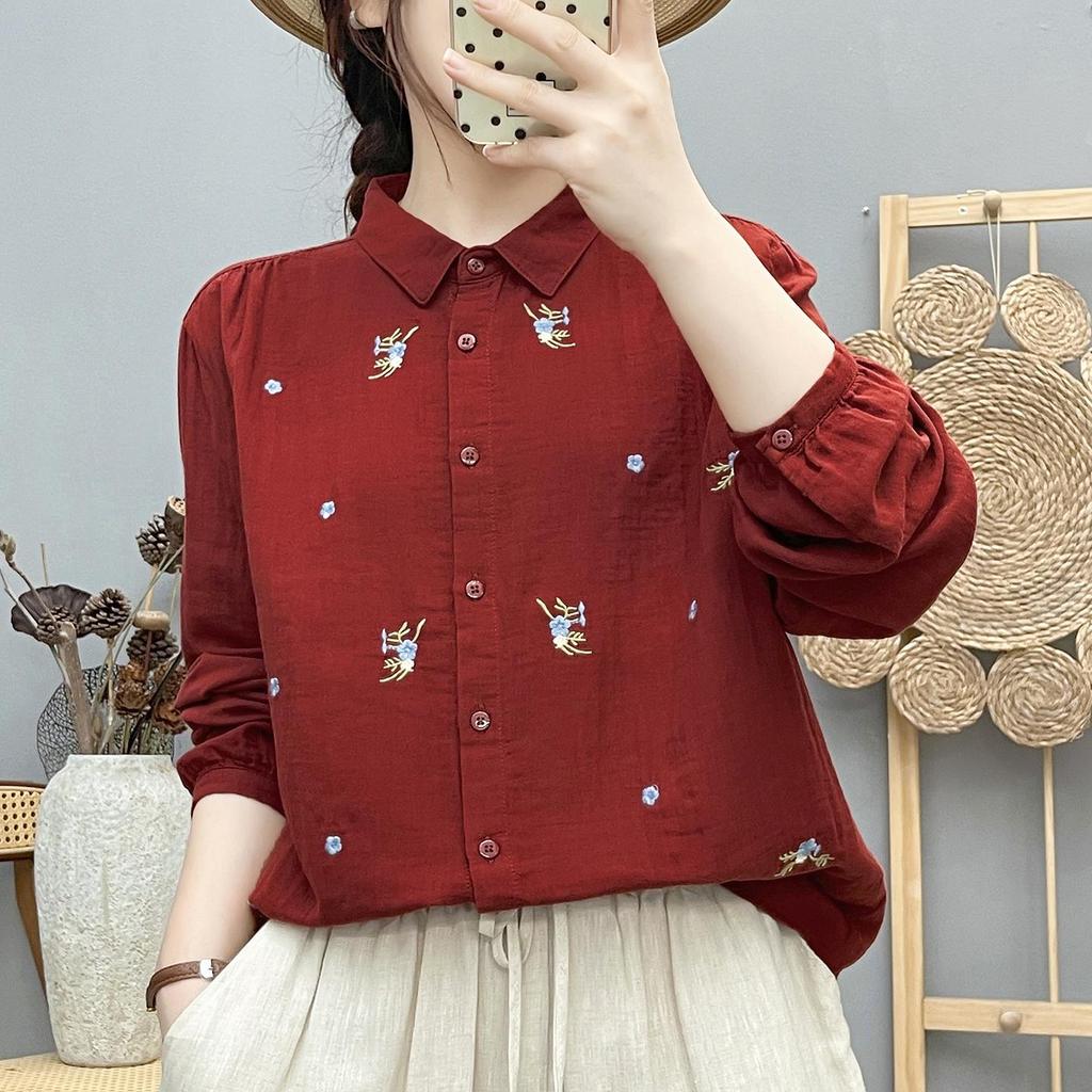 Women's Forest Style Cotton Gauze Shirt: Long Sleeve, Soft, Breathable, with Fresh Floral Embroidery