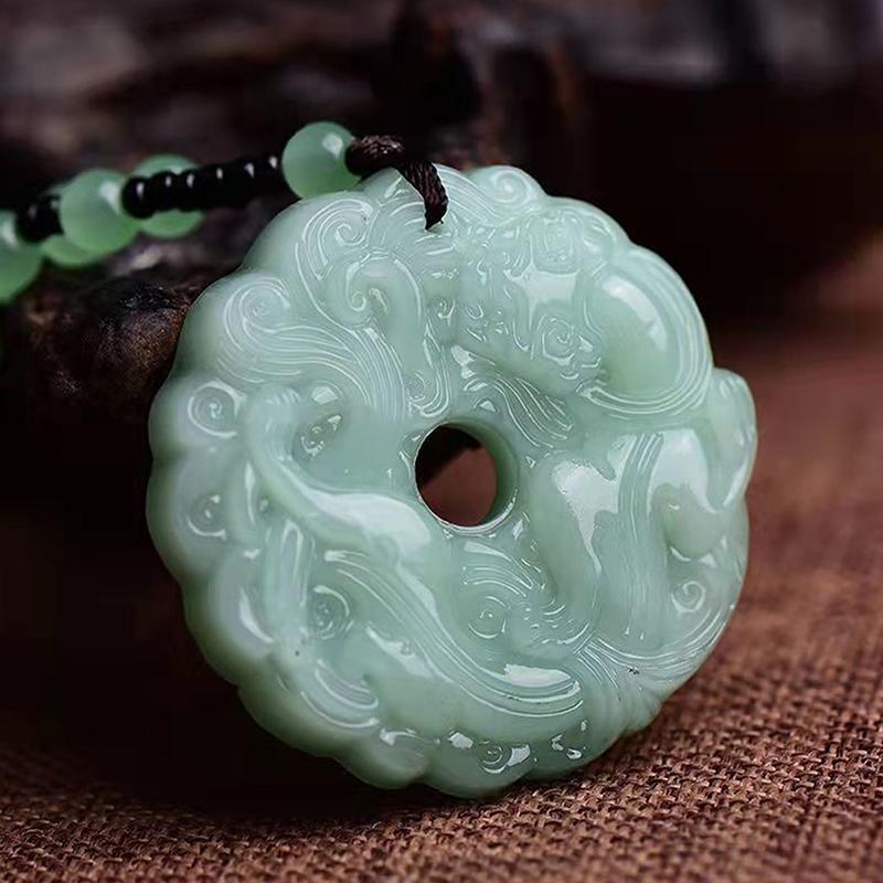 Chinese Amulet Artificial Jade Pixiu Phoenix Buddhist Retro Vintage Pendant Necklace Protect Charm Talisman Powerful Money Wealth Health Luck Jewelry