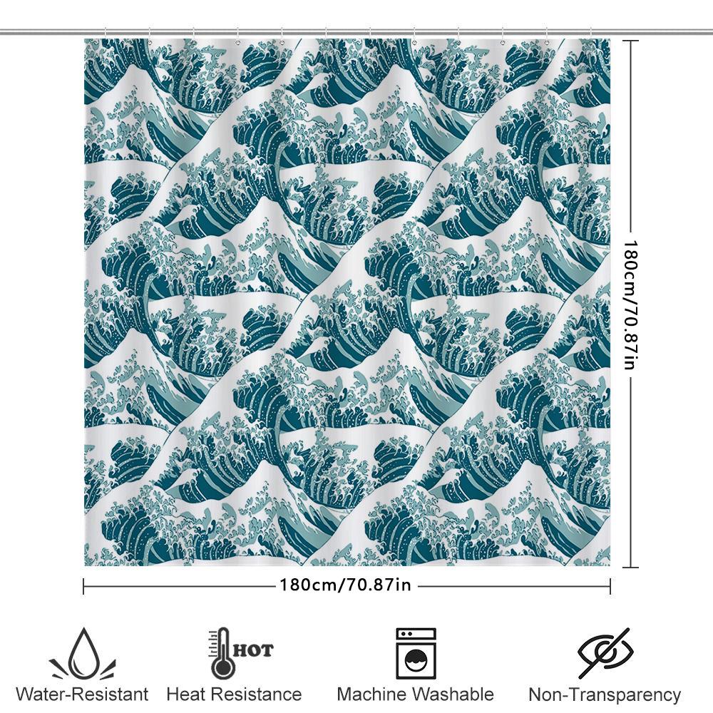 Unique Blue White Ocean Wave Shower Curtain For Bathroom Decor Printed Waterproof Fabric Bath Mat Cover With Rings Set (180X245C