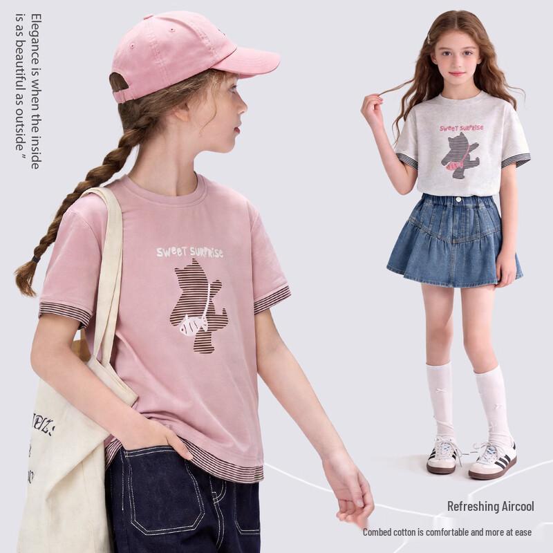 Duomiaowu Girls' Summer Faux Two-Piece Short Sleeve T-Shirt