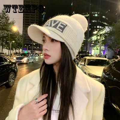 Hat Women's Rabbit Hair Knitted Wool Cap Fashion Letters Winter Peaked Cap Autumn and Winter