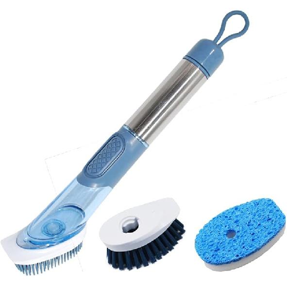 Kitchen Dish Brush,Soap Dispensing Scrub Brush with Handle,Kitchen Brush for Dish Pot Pan Sink Cleaning,with 3 Reusable Refill Replacement