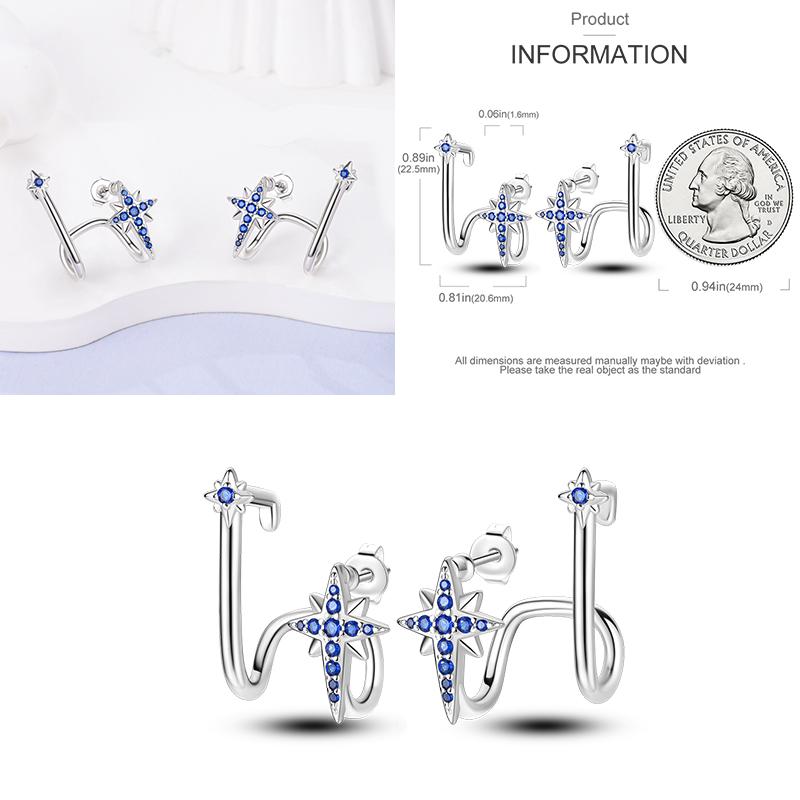 Sparkling Blue Zircon Hoop Earrings Pave U Shape Star Devil Eyes Circle S925 Drop Earring Fit Original Party Jewelry