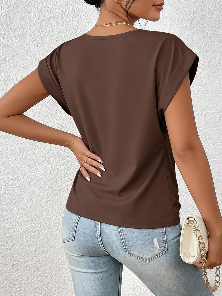 2026 Hot Sale Women's Solid Color V-neck T-shirt, Elegant Short-sleeved Top for Spring/Summer, European American Style