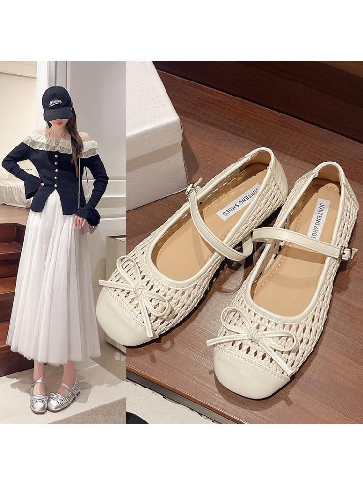 

Fashion Ballet Mesh Flat Single Shoes Women s Xia 2025 New Outside Wear Bow One Strap Soft Sole Mary Jane Sandals 40
