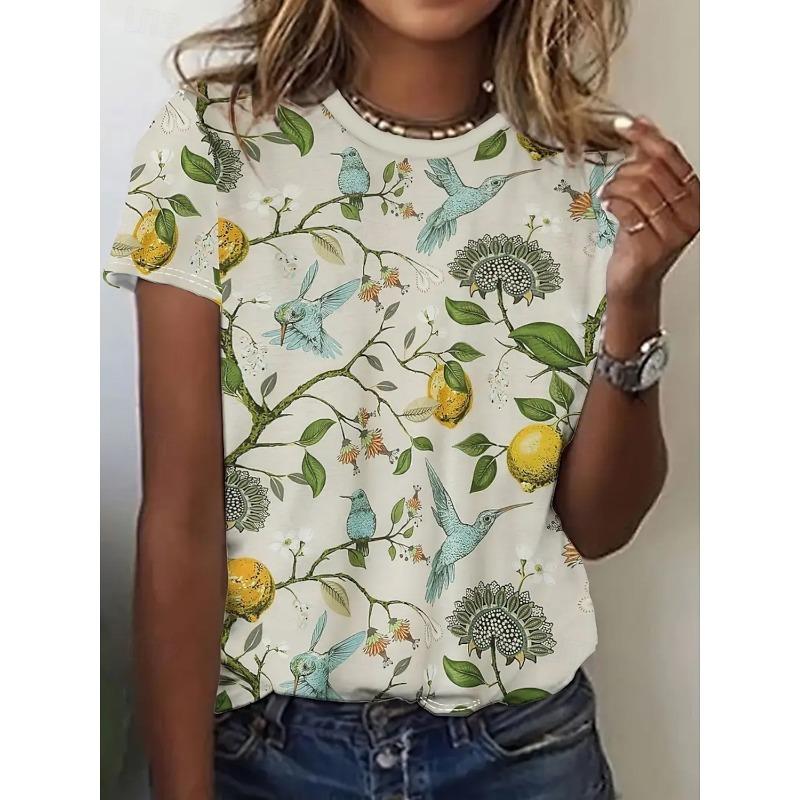 Sommarmode Dam T-shirt Vackra Blommor Stilfullt Tryckt Casual Kortärmad Rundhals T-shirts Rundhals Vanliga Toppar
