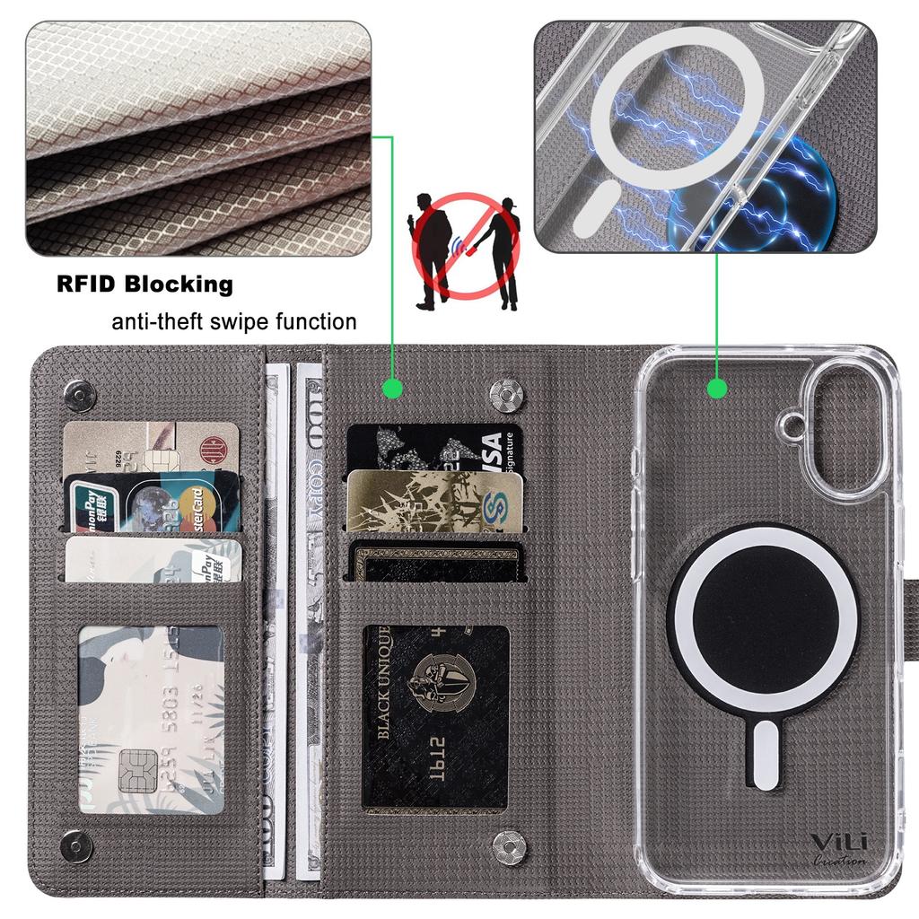 VILI GHA-C Series For iPhone 16 Magnetic Case RFID Blocking Detachable 2 in 1 Leather Phone Cover