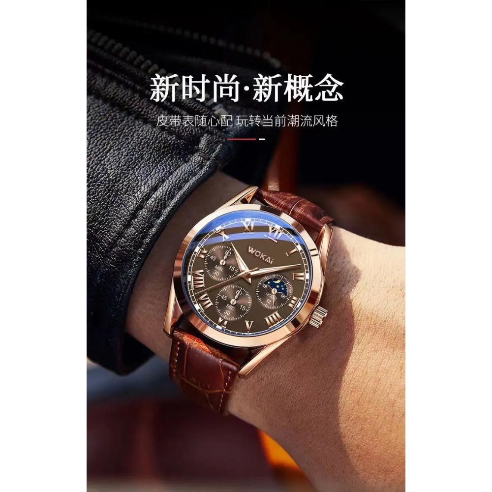 Orologio al Quarzo Moda Business con Quadrante Romano a Tre Occhi e Cinturino in Bambù