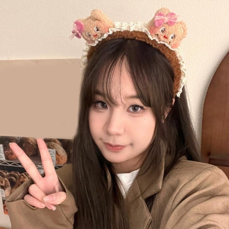 Lace Plush Bear Hairhoop for Adult Children Theme Party Props Cartoon Bear Headband for Women Face Washing Kids Birthday
