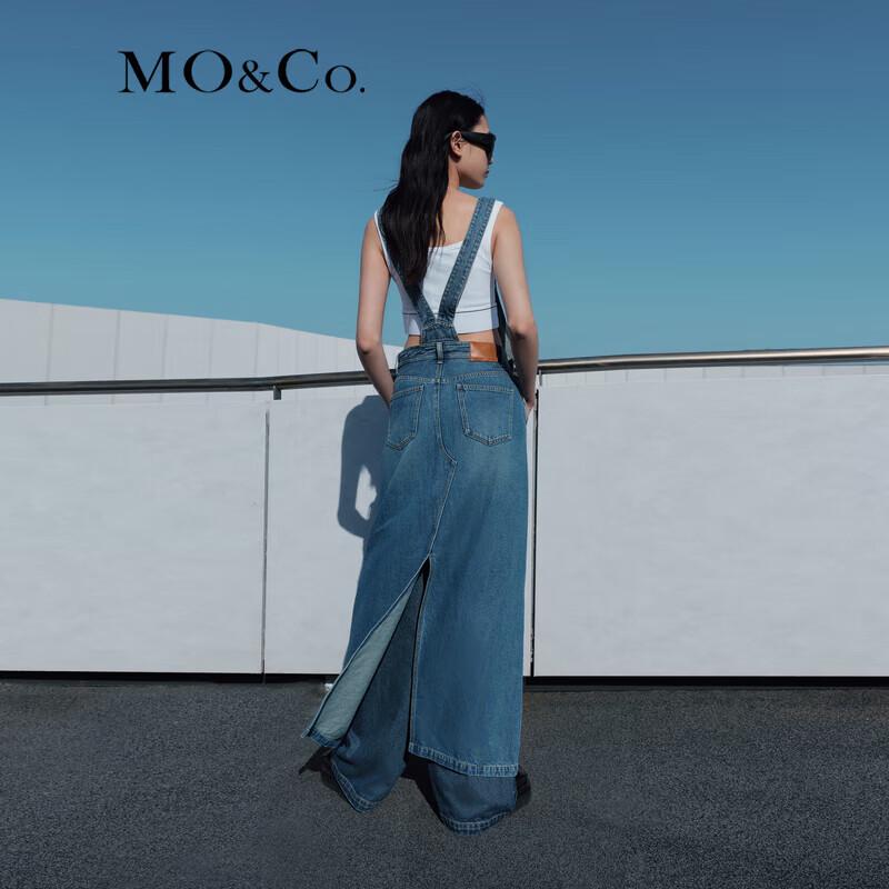 MO&Co. Women's Washed Blue Denim A-Line Overall Dress