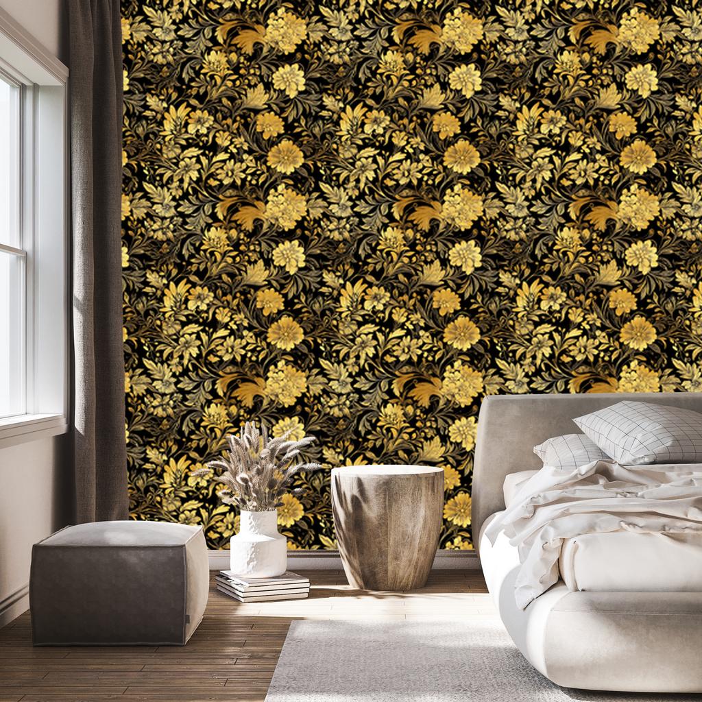 Golden Hibiscus Wallpaper Ochre, Gold and Yellow for Living Room and Bedroom 50x1000