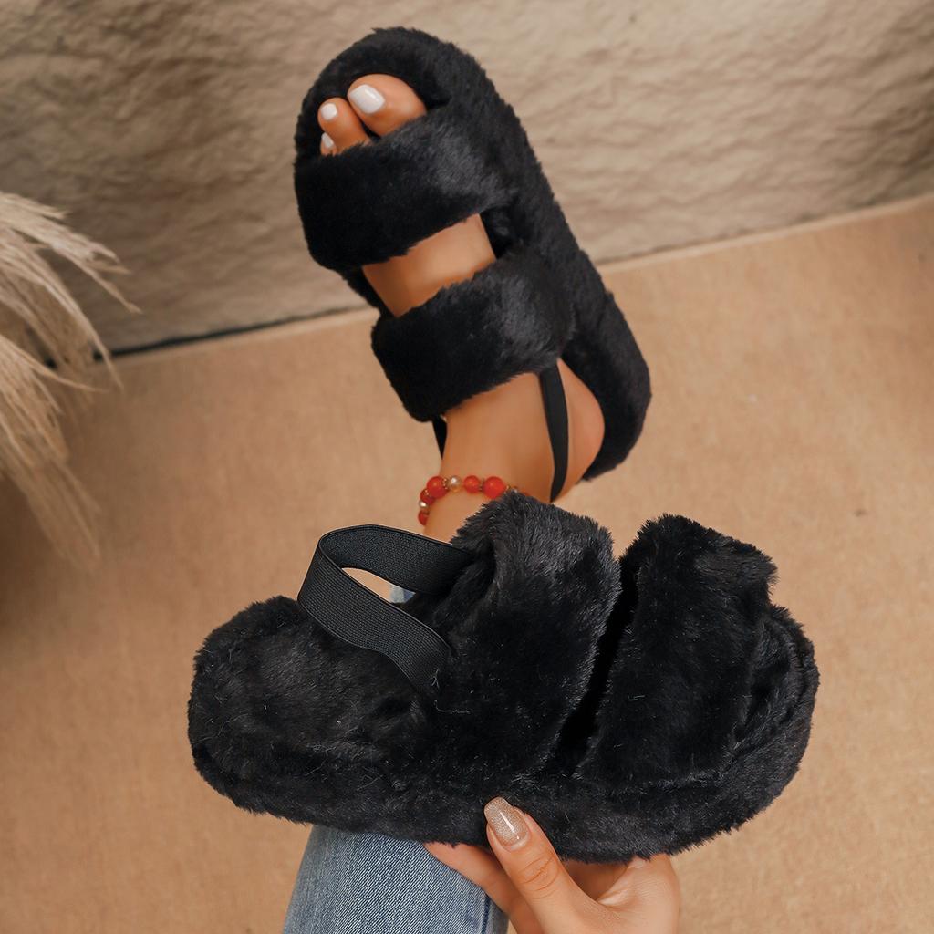 Damen Sandalen mit breiter Weite und Fell, Outdoor-Pantoletten mit elastischem Riemen, Europäische Sommer-Slipper für Damen