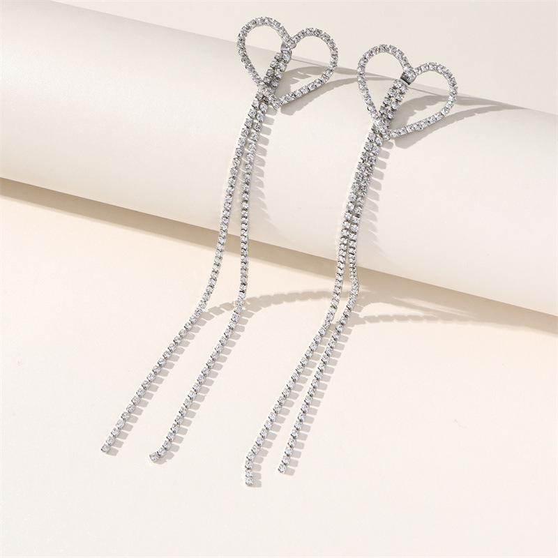 S925 Silver Needle Korean Geometric Crystal Tassel Heart Earrings - Trendy, Long, Versatile Studs for Women