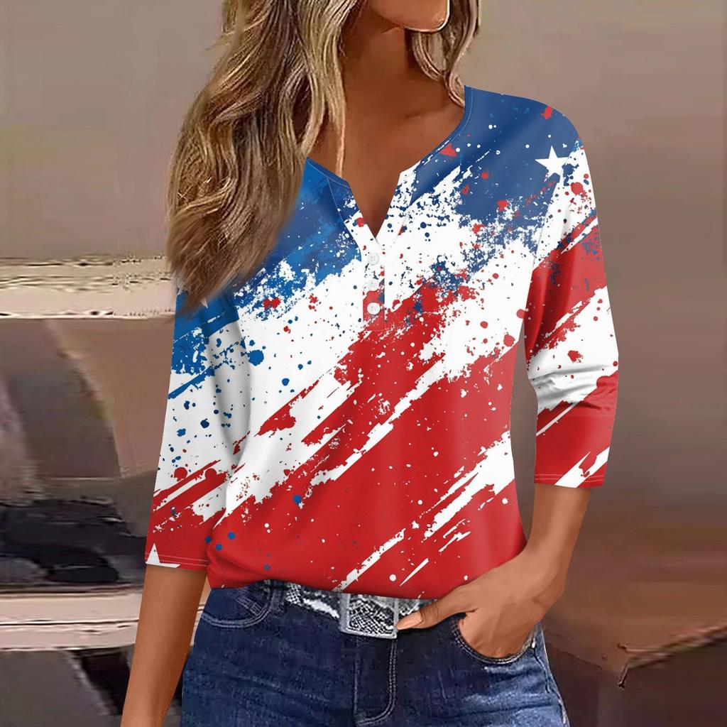 Dam T-shirt Tee Självständighetsdagen Tryckt Knapp 3/4 Ärm Tunika Vardag Helg Mode Grundläggande V-ringning Normal Topp