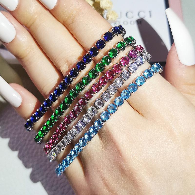 17/19CM Fileira Única Cristal Verde Pedra Redonda Pulseiras Tennis para Mulheres Cor Prata Joias Cor Multicolor Zircônio Correntes Pulseira