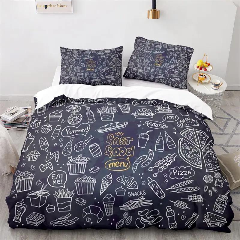 Creative Fast Food Duvet Cover Pizza Hamburger Print Comforter Cover Microfiber Bedding Collection King Queen For Kids Teen Room Decor
