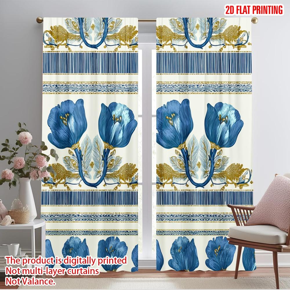

2pcs,2D plane printing Contemporary Curtains Blue Roses Striped Design Durable Polyester (without rod) Gifts Ldeal for Living 52.50×116.00 CM 2pcs