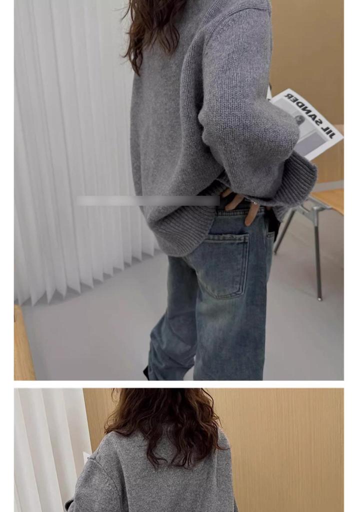2024 Women's High Neck Asymmetrical Zipper Wool Cardigan - Cozy Loose Fit Sweater Jacket for Autumn/Winter, Korean Lazy Style