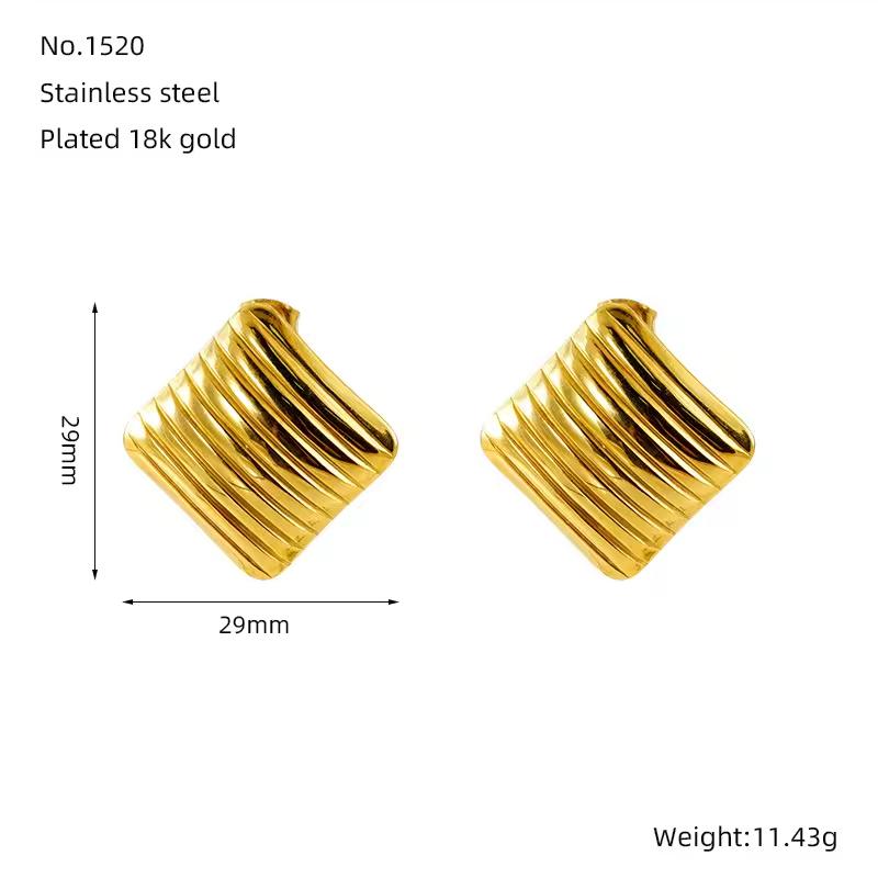 

Vintage Fashion Chunky Jewelry 18K Gold Stainless Steel Square Striped Leaf Heart Stud Earrings for Women